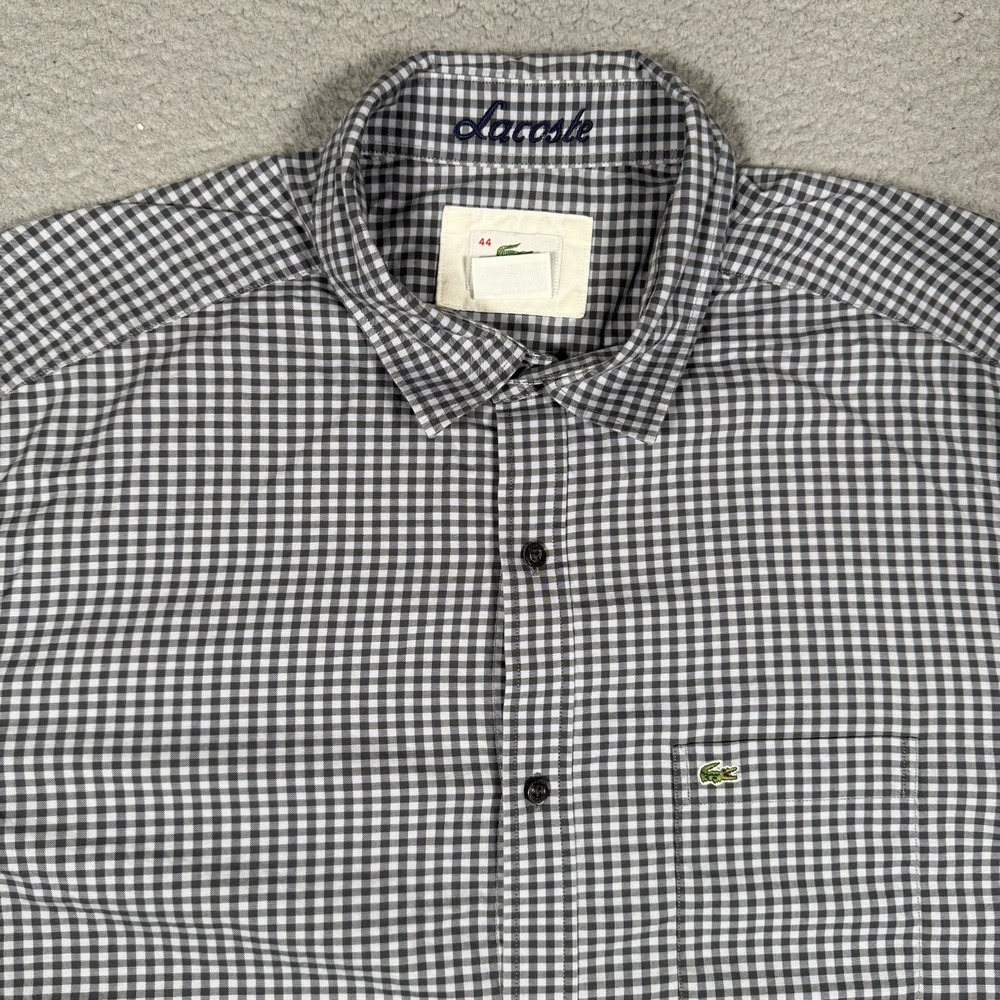 Lacoste Shirt Mens 44‎ Gray Gingham Plaid Button Up Pocket Casual Preppy Logo